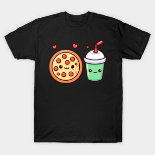 Kawaii Cute Food Illustration of a Pizza and a Milkshake | Cute Kawaii Art Design T-Shirt